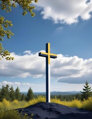 A cross atop a hill surrounded by trees under a clear blue sky