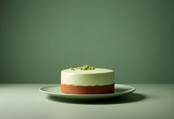 A cake on a decorative plate, placed on a wooden table, showcasing its layers and frosting