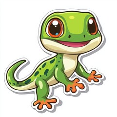 Fototapeta premium Smiling Gecko Cartoon: A charming cartoon green gecko with large eyes and a cheerful smile. The gecko is drawn in a simplistic, colorful style, ideal for kids' merchandise, stationery.