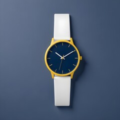 A white and blue watch displayed against a solid blue background