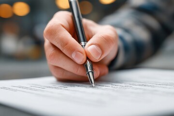 Hand holding pen signing document, paperwork on desk, signing contract or agreement in office environment, business