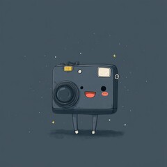 Naklejka premium Cute cartoon camera character with legs and a smiling face, against a dark background.