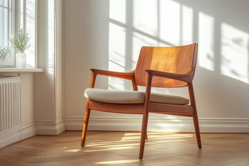 A mid-century modern armchair bathed in sunlight near a window, exuding warmth and tranquility.