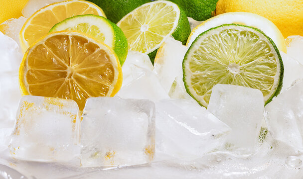 Citrus Slices with Ice Cubes &ndash; Fresh Lemon and Lime on Ice