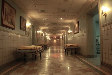 Gloomy hospital hallway with gurneys lining walls, tiled floor and walls under dim lights, creating a scene of institutional decay