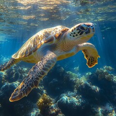 Fototapeta premium Sea Turtle Swimming in Coral Reef with Sunlight Rays Breaking Through Water Surface