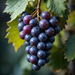 Fototapeta premium Bunch of red grapes on vine in vineyard, close up