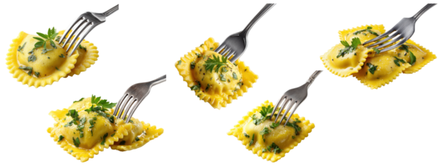 Set of forks with cheesy ravioli and parsley , isolated on transparent background