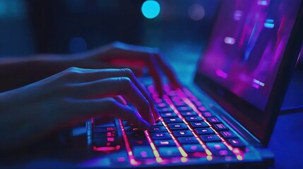 Close-up of hands typing on a glowing keyboard, a laptop in a brightly lit gaming environment