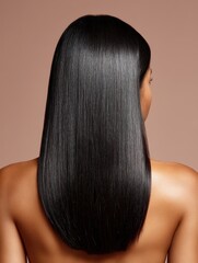 Fototapeta premium Back view of head with hair brushed straight, smooth light black texture, natural sheen and detail