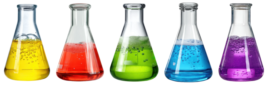Set of colorful chemical flasks with bubbling liquid , isolated on transparent background