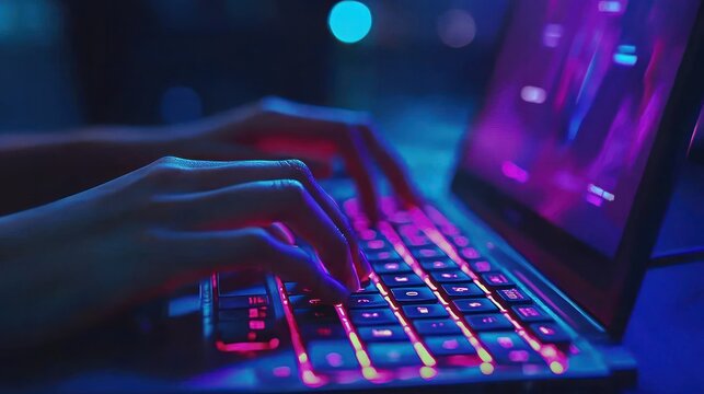 Close-up of hands typing on a glowing keyboard, a laptop in a brightly lit gaming environment