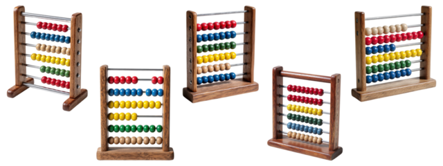 Set of vintage wooden abacus counting frames with colorful beads , isolated on transparent background