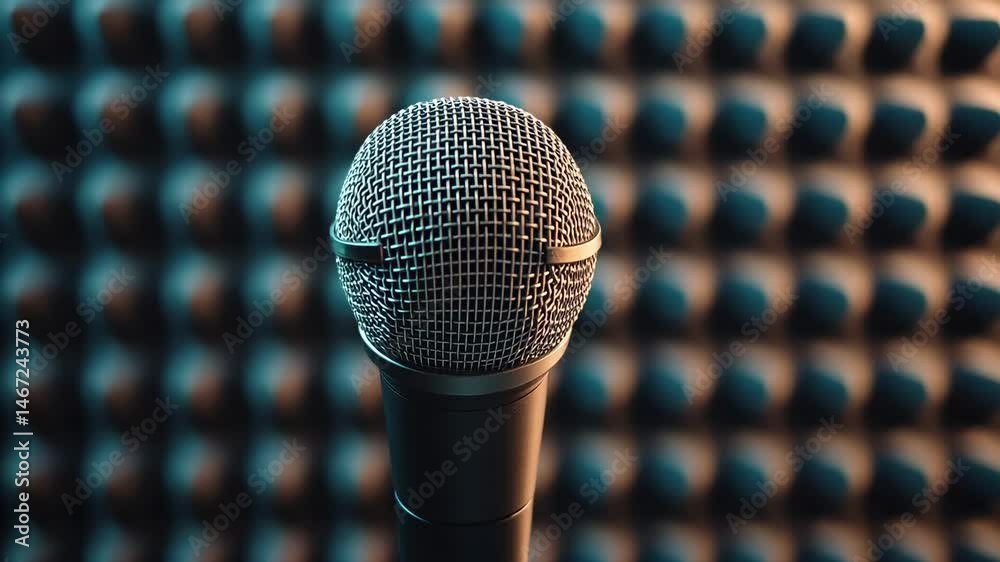 Poster Golden microphone capturing sound in a professional recording studio, with audio editing software displayed on a computer screen in the background