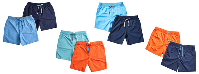 Men&rsquo;s colorful swim trunks and board shorts collection, isolated on transparent background 