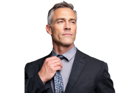 Confident mature businessman adjusting tie in suit, isolated on transparent background