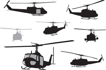 Military helicopters vector silhouettes set
