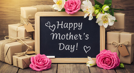 Happy mother's day gifts and flowers on wooden background with chalkboard greeting message present idea