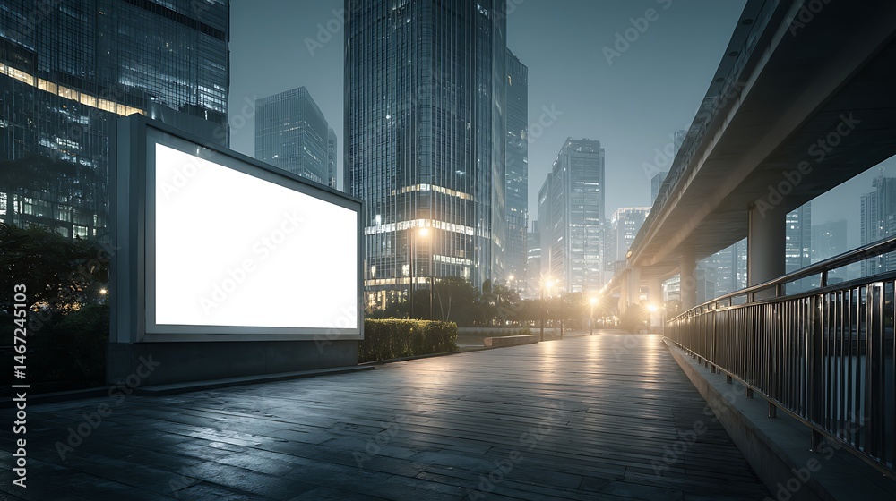 Aufkleber urban setting at evening or early morning with large blank billboard in foreground, modern tall buil