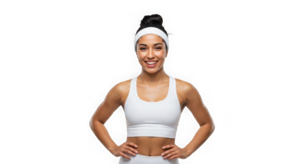 Woman in sportswear smiling on white background