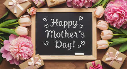 Happy mother's day gifts and flowers background with chalkboard for greeting card and banner design
