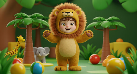 Child in Lion Costume with Animal Toys in Jungle Setting