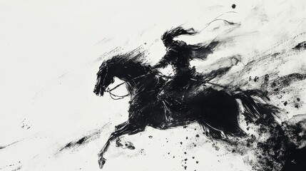 Traditional Ink Painting of a Warrior on Horseback