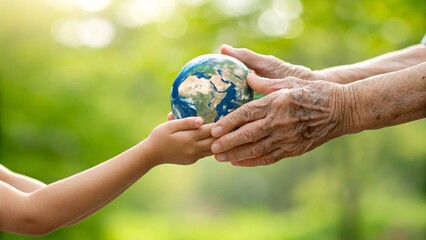 Close up of senior hands giving small planet earth