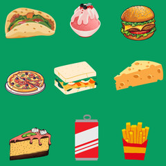 Nine food illustrations in a grid grid. The visible food includes tacos, ice cream, burgers, pizza, sandwiches, cheese, cakes, soda, and fries. Each illustration is brightly colored and monotonous, gi