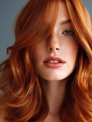 Naklejka premium Close-up of soft flowing ginger hair, vibrant red-orange tones and healthy gloss in a beauty-focused portrait