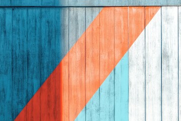 Wooden wall with bold diagonal stripes in blue, orange, and white creates a modern and vibrant architectural design.