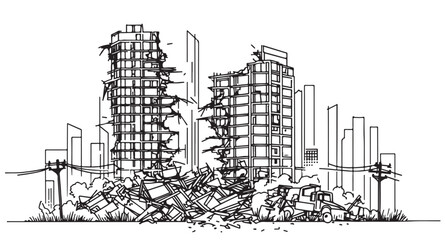 Fototapeta premium Line sketch high-rise destruction building. Abstract background. There is a crack in the wall of the house. Sketch. Broken, destroyed