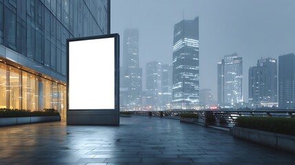 Urban setting at evening or early morning with large blank billboard in foreground, modern tall buildings with illuminated windows in background, pedestrian walkway and serene ambiance from city light