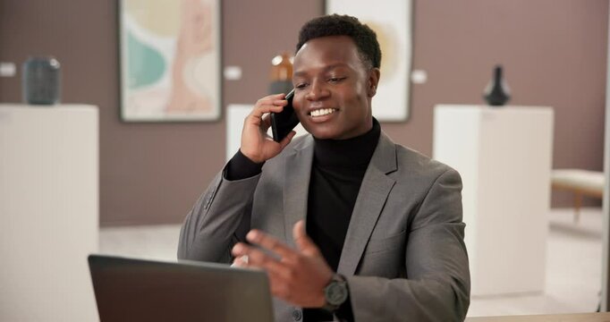 Art, phone call and black man at exhibition with laptop, culture and networking for creative business. Gallery agent, critic or curator on mobile at studio, auction or showroom with communication