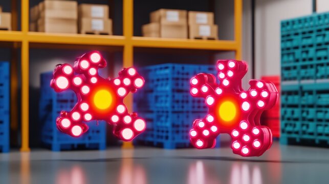 Abstract industrial glowing puzzle pieces on warehouse backdrop creating a modern and futuristic composition of logistics and manufacturing