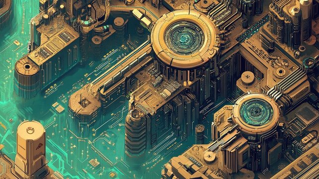 The ultra-fine microchip landscape, with intricate circuit patterns like rivers of data, combines steampunk aesthetics with futuristic nanotechnology.