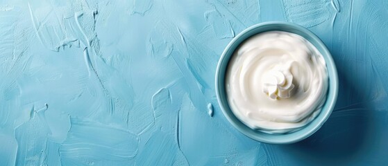 Bowl of whipped cream dessert with a dollop of white cream and a spoon on a vibrant color background. Plastic bowl with yogurt or cream placed at vibrant background. Dessert and sweets concept. AIG55.