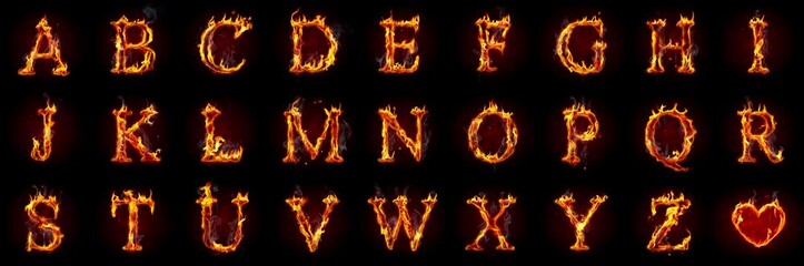 Fire letters isolated on black background. Burning alphabet and heart symbol. Made of real flames, sparks and smoke in slow motion. - Powered by Adobe