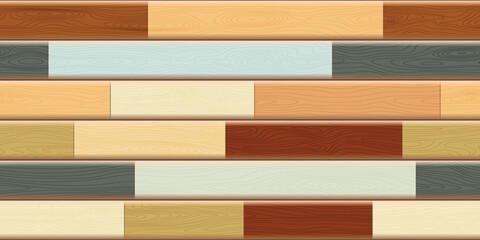 Wood plank wall, horizontal slats, wood texture seamless pattern, different colors, vector design