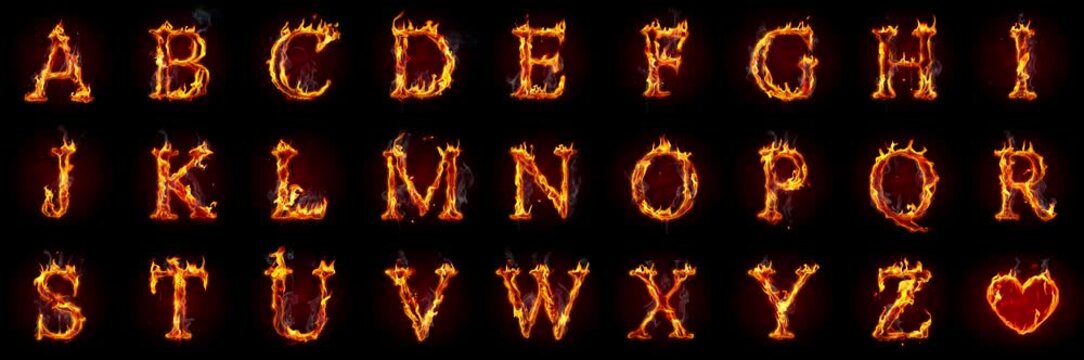 Fire letters isolated on black background. Burning alphabet and heart symbol. Made of real flames, sparks and smoke in slow motion. - Powered by Adobe