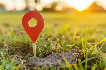 Red location marker on grass with sunset in the background.