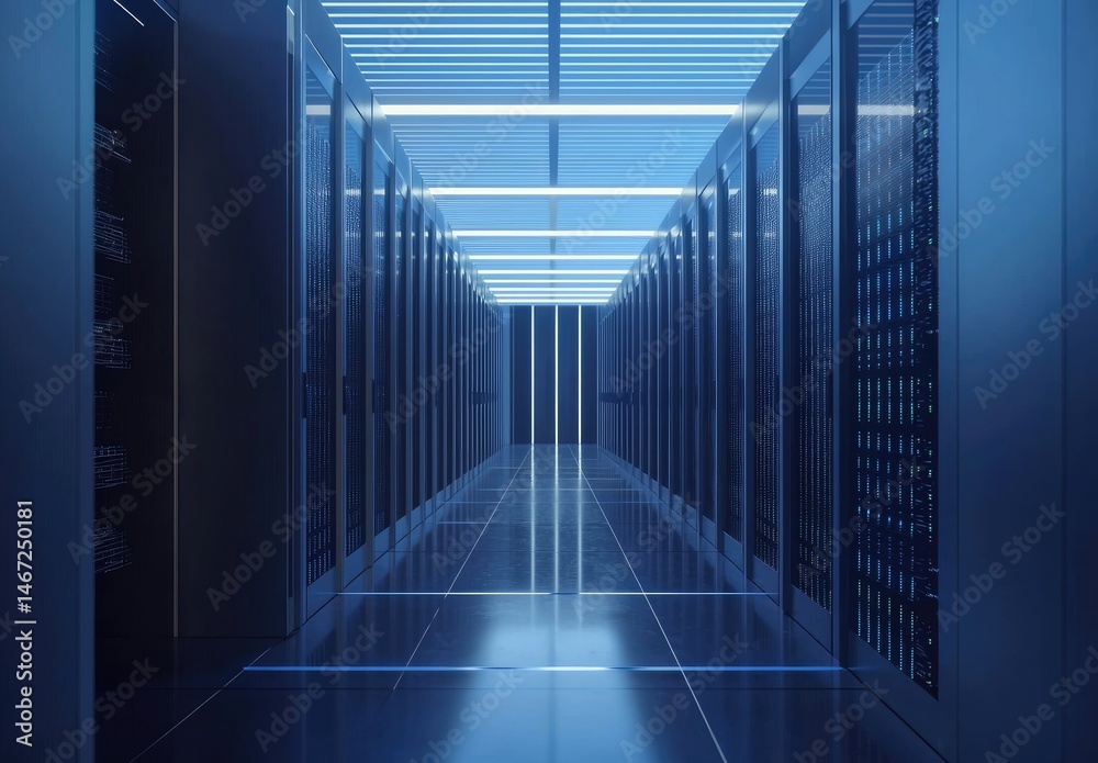 Poster brightly lit futuristic server corridor with reflective floors and glowing blue panels, ideal for te