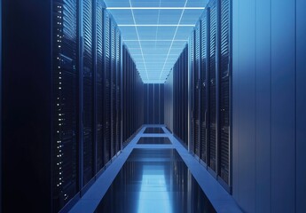 Symmetrical modern data center interior with glowing server racks and blue lighting, perfect for high-tech, IT service, cloud hosting, or infrastructure visuals