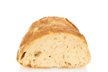 One half of a loaf of bread isolated on a white background, close-up.