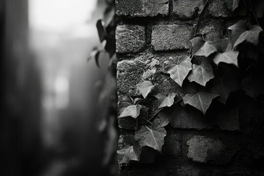 Ivy leaves climbing a weathered brick wall, monochrome photography.