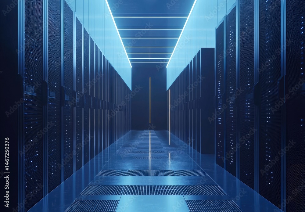 Poster futuristic data center hallway with glowing blue lights and symmetrical rows of servers, ideal for i