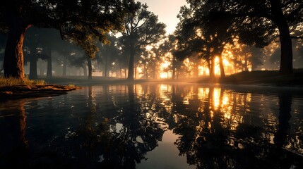 Misty lake surrounded by ancient oaks reflects the warm glow of sunrise over still waters