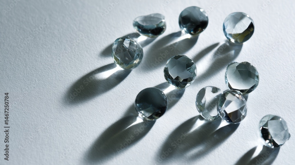 Aufkleber Scattered water droplets rest elegantly on a white surface, creating reflections and shadows highlighted by soft overhead lighting, offering a tranquil view