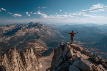 Man on a mountain peak with outstretched arms enjoying vast mountain vista and blue sky, conquering challenges, exploration