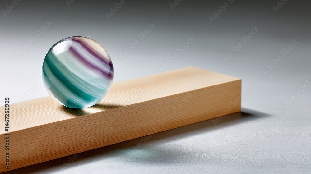 Poster A luminous crystal orb features swirling teal and violet patterns, elegantly positioned on a smooth wooden base under soft ambient lighting, offering ample copy space